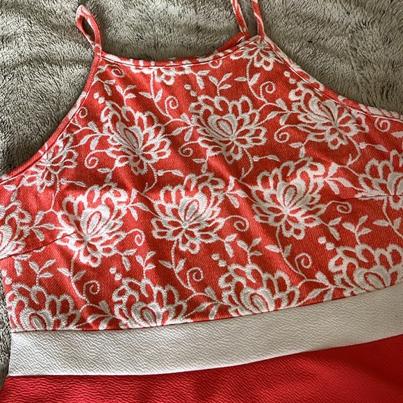 Floral sundress L coral white textured poly stretch full skirt color block Nina - Picture 2 of 7